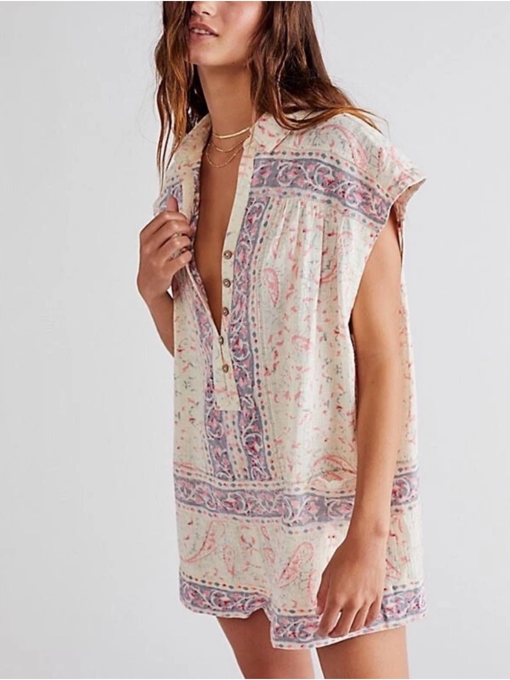 Free People Cream Paisley Short Sleeve Telly Romper with Pink & Blue Accents